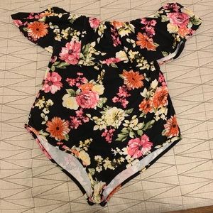 Off the shoulder black floral bodysuit